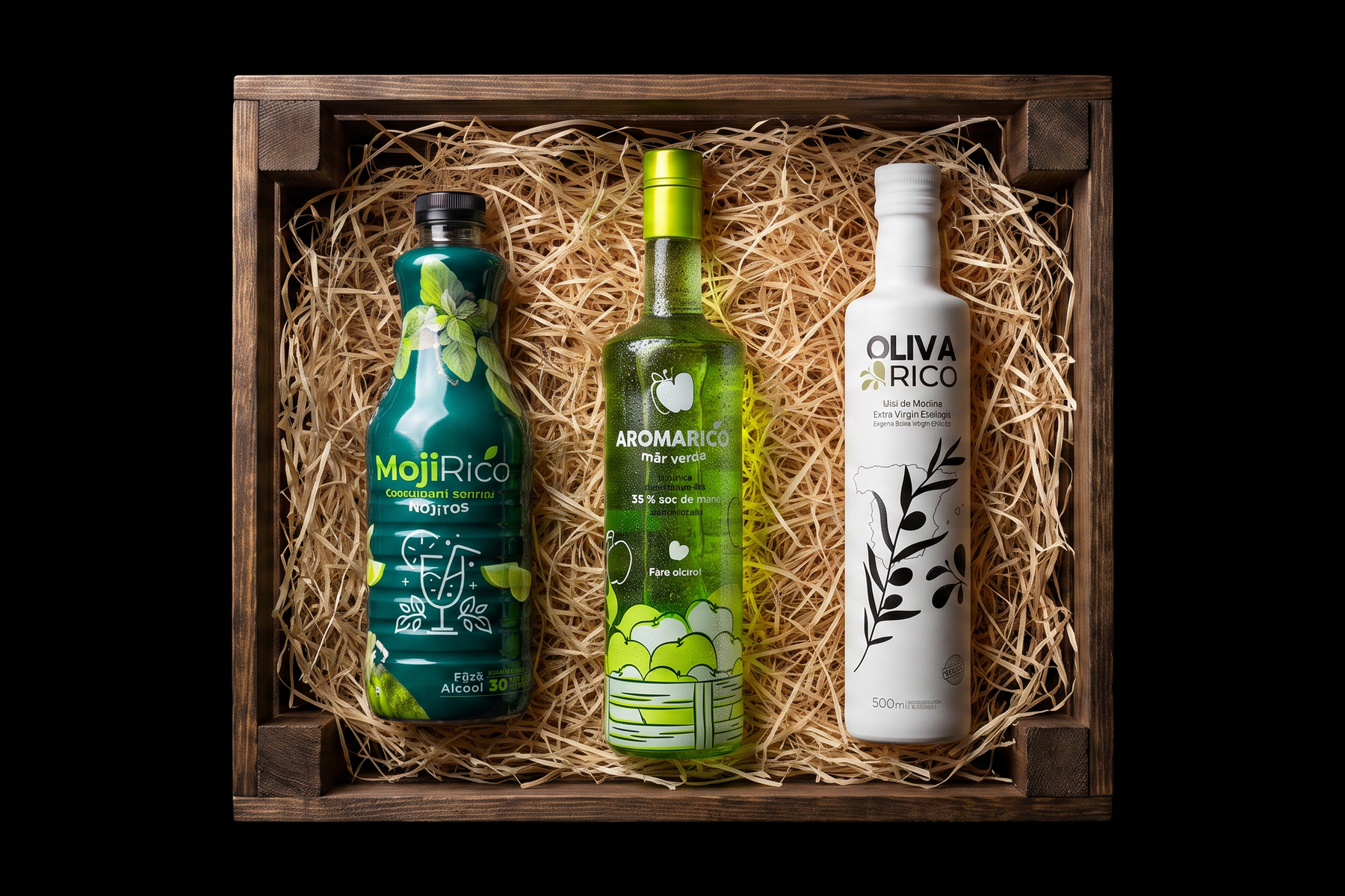 Ladă cadou BioRicos din lemn, cu MojiRico, AromaRico și OlivaRico așezate în talaș, văzute de sus
